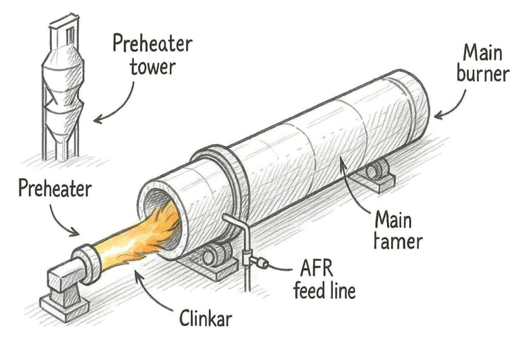 Cement kiln flame with AFR feed line