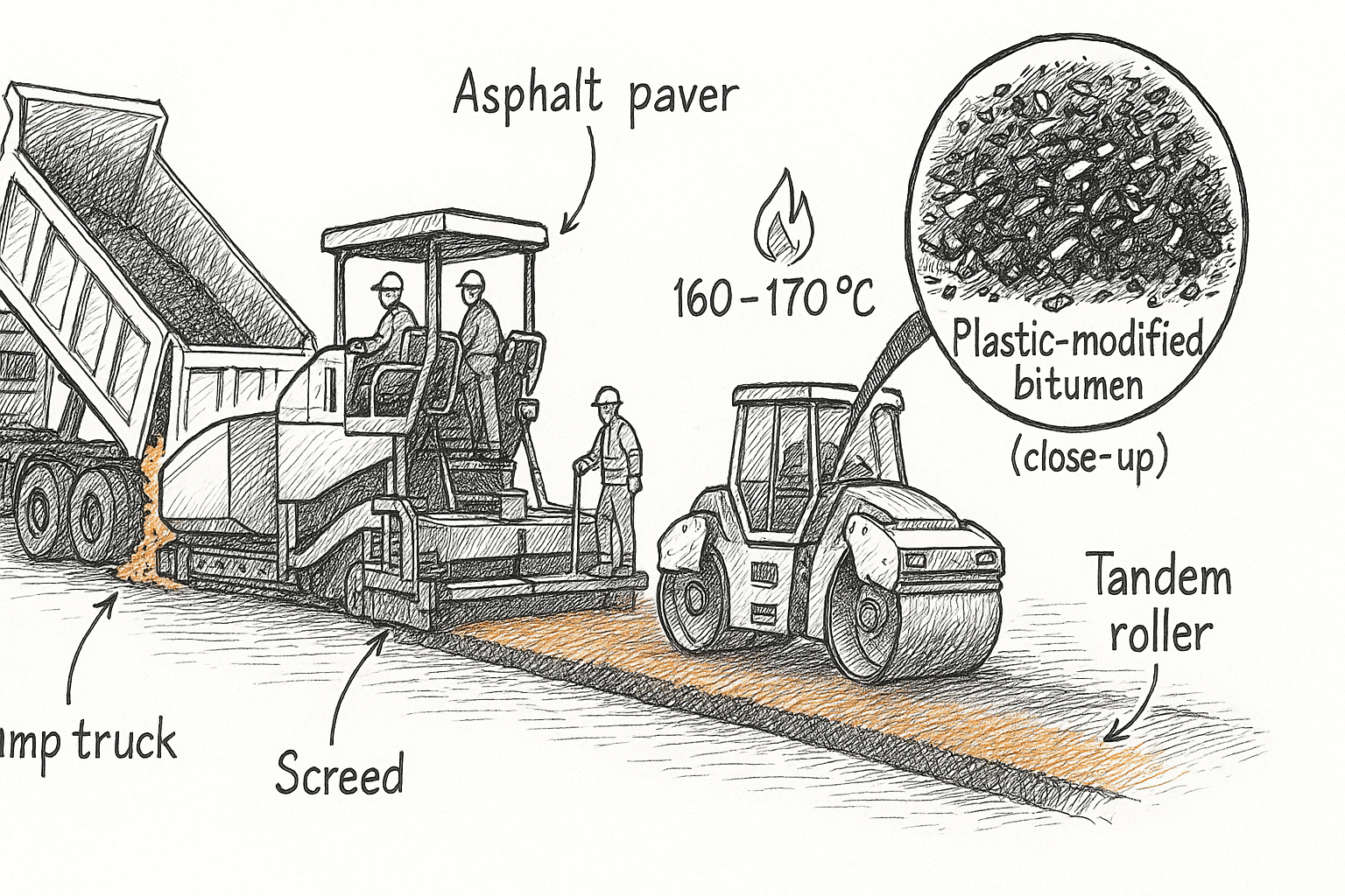 Road laying crew; plastic-modified bitumen close‑up