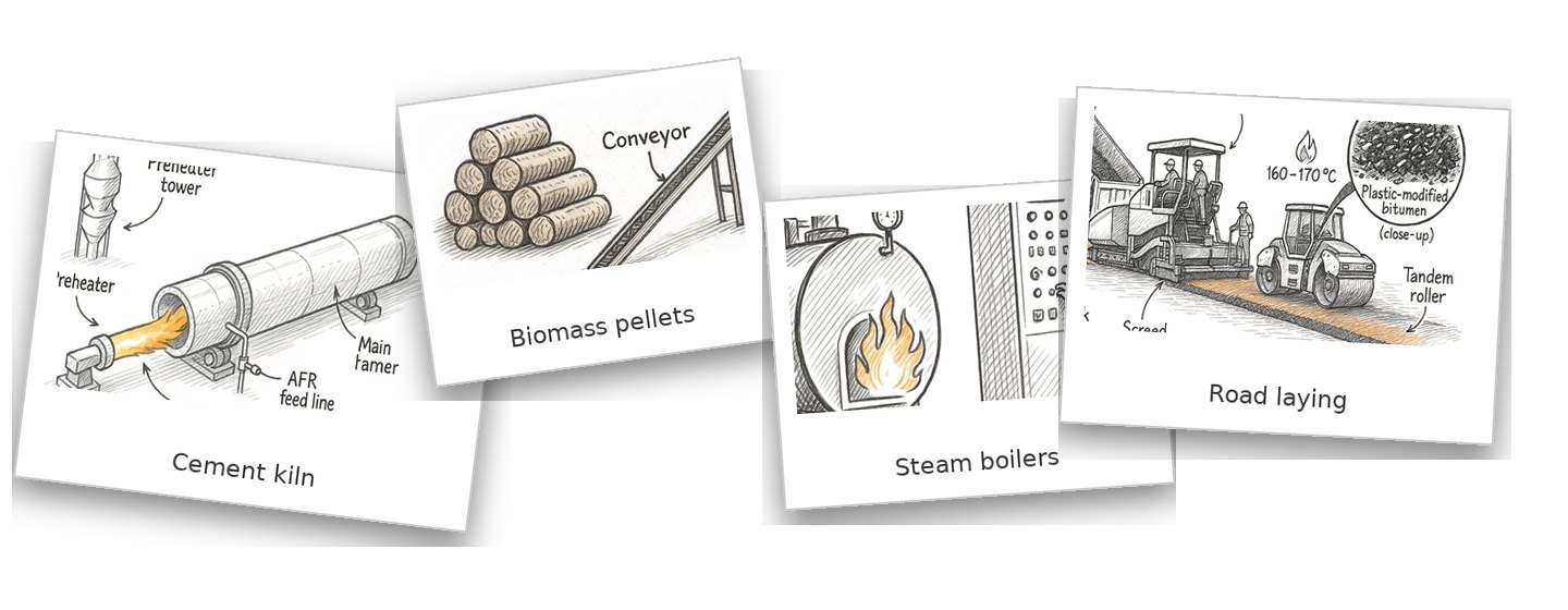 Solutions: collage of cement kiln, biomass pellets, steam boilers, road laying
